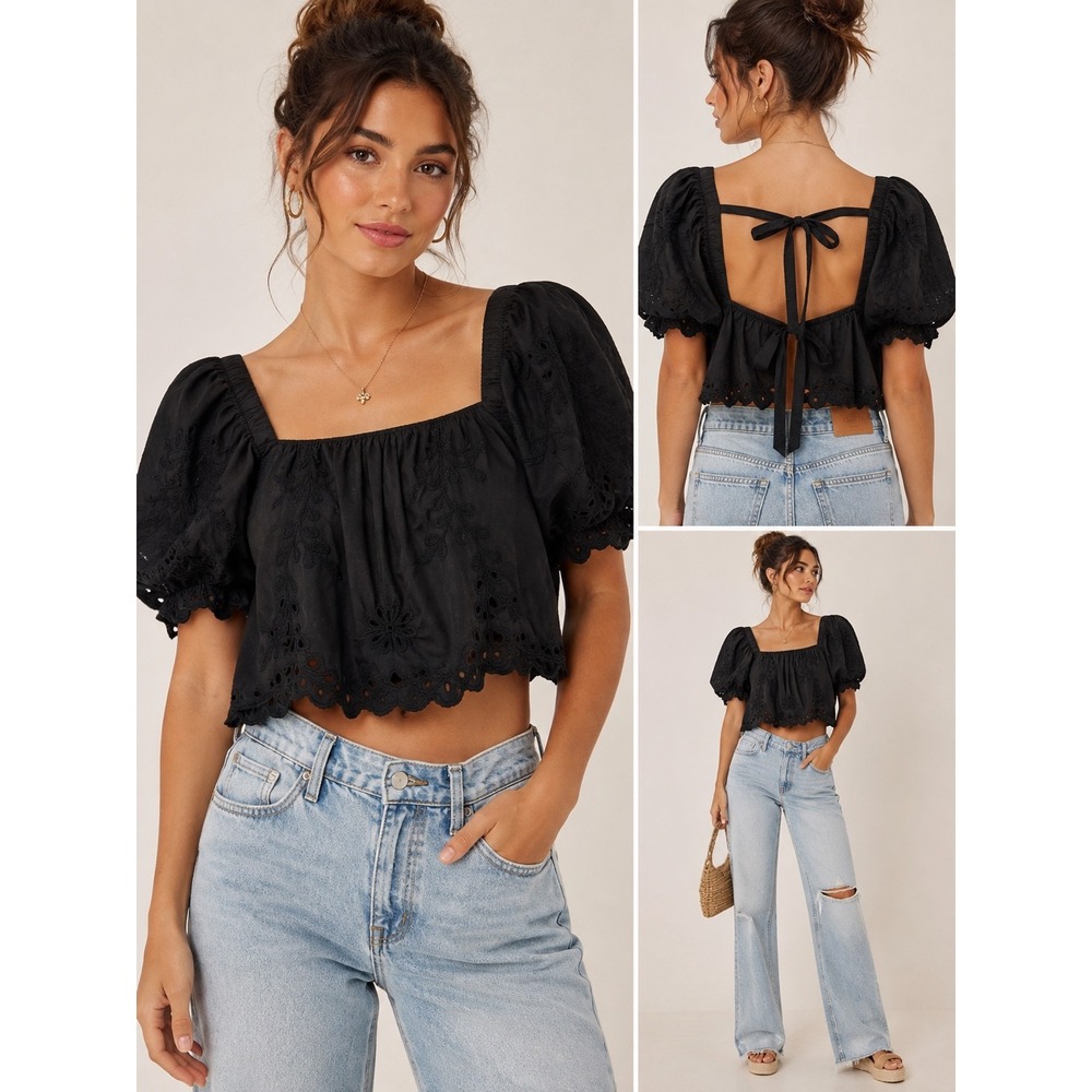 American Eagle Black Eyelet Embroidered Tie Back Crop Top Small Square Neck Puff